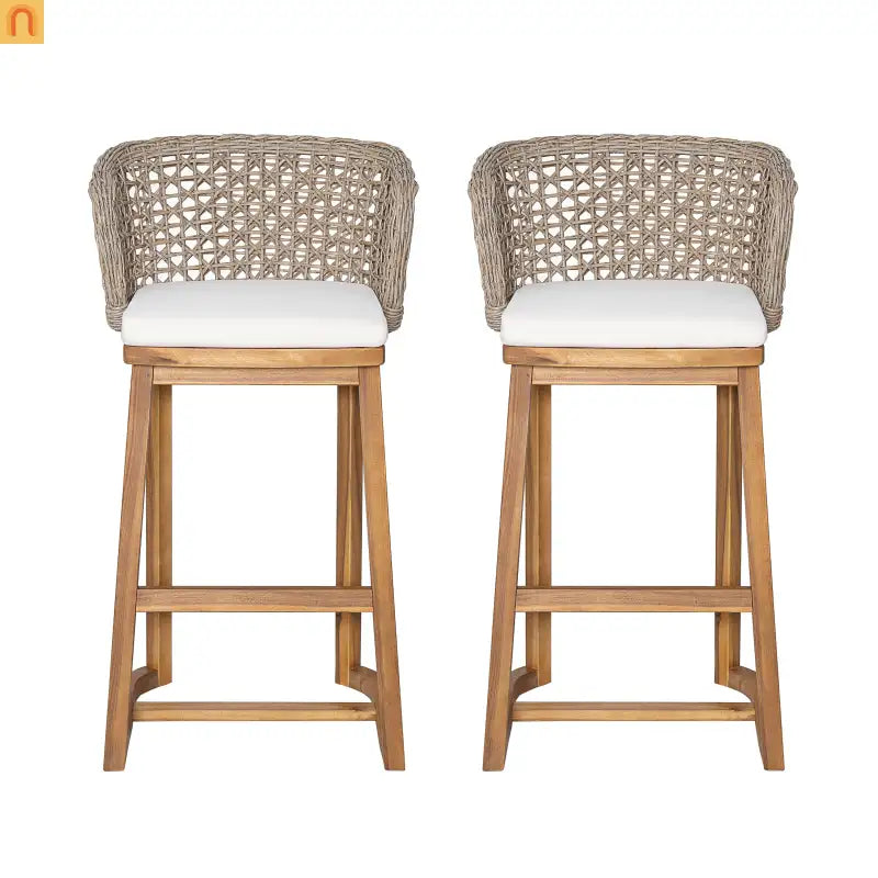 Outdoor Bar Stools Pair, Acacia Wood Teak Finish, Beige Cushions, Wicker Back