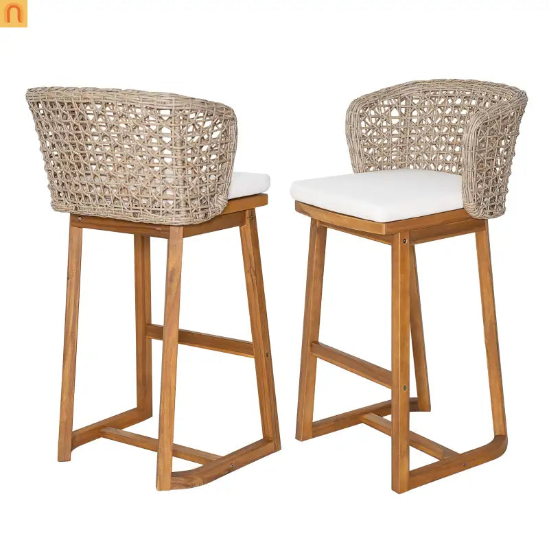 Outdoor Bar Stools Pair, Acacia Wood Teak Finish, Beige Cushions, Wicker Back