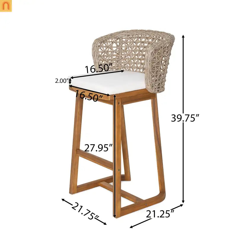 Outdoor Bar Stools Pair, Acacia Wood Teak Finish, Beige Cushions, Wicker Back