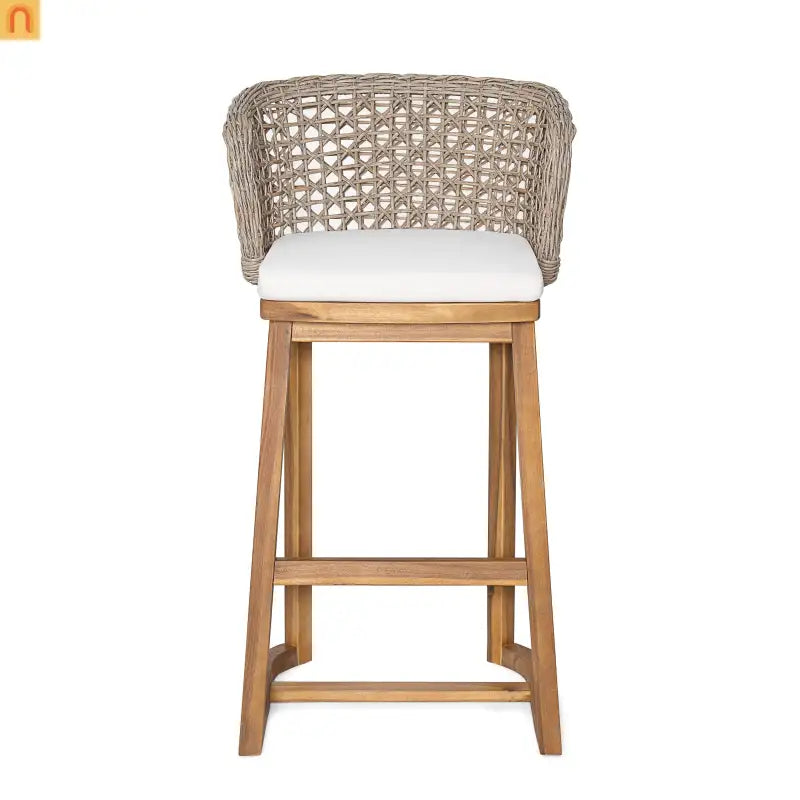 Outdoor Bar Stools Pair, Acacia Wood Teak Finish, Beige Cushions, Wicker Back