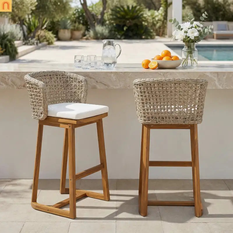 Outdoor Bar Stools Pair, Acacia Wood Teak Finish, Beige Cushions, Wicker Back