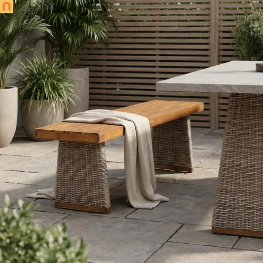 Outdoor Bench Acacia Wood Teak Finish Brown Wicker