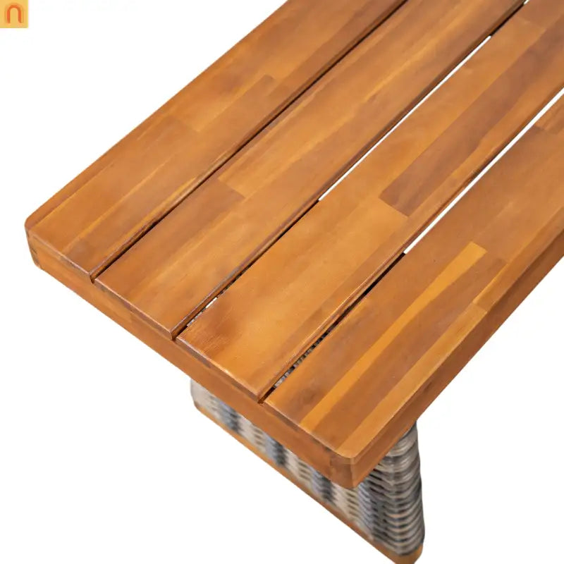 Outdoor Bench Teak Finish Acacia Wood Grey Wicker Set of 2