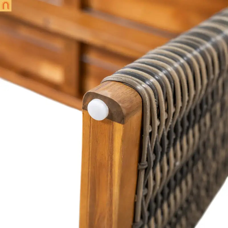 Outdoor Bench Teak Finish Acacia Wood Grey Wicker Set of 2