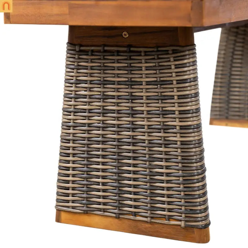 Outdoor Bench Teak Finish Acacia Wood Grey Wicker Set of 2