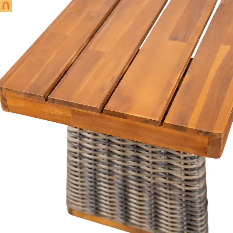 Outdoor Bench Teak Finish Acacia Wood Grey Wicker Set of 2