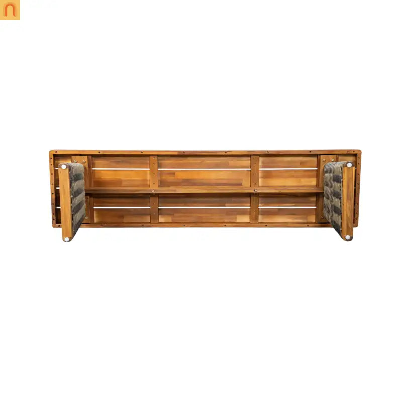 Outdoor Bench Teak Finish Acacia Wood Grey Wicker Set of 2