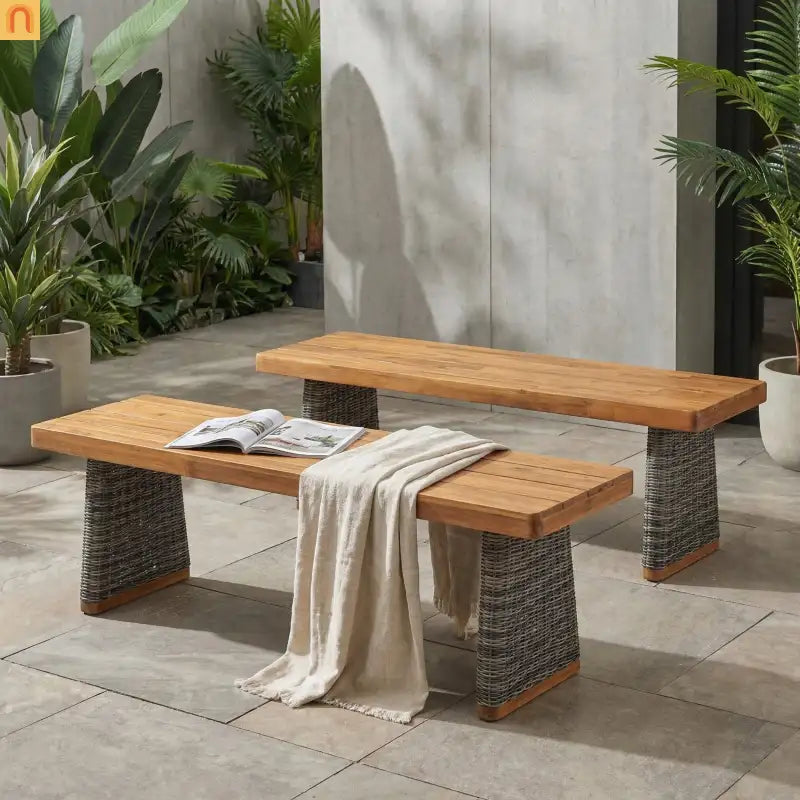 Outdoor Bench Teak Finish Acacia Wood Grey Wicker Set of 2