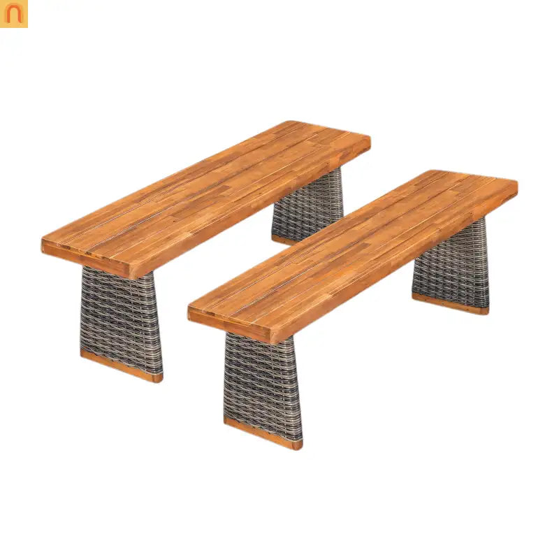 Outdoor Bench Teak Finish Acacia Wood Grey Wicker Set of 2