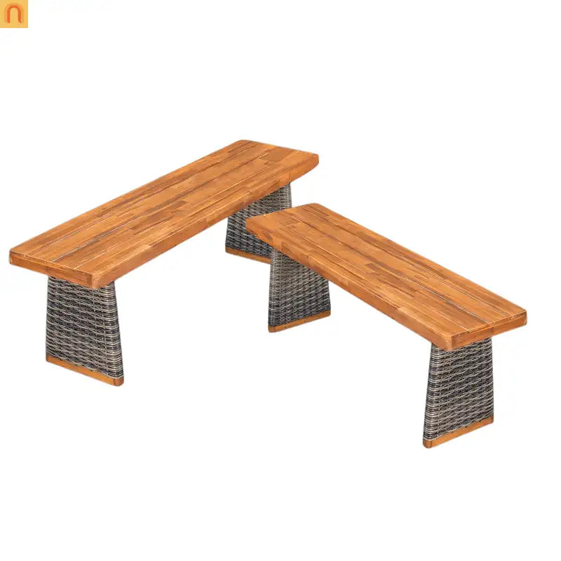 Outdoor Bench Teak Finish Acacia Wood Grey Wicker Set of 2