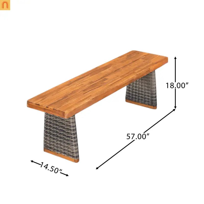 Outdoor Bench Teak Finish Acacia Wood Grey Wicker Set of 2