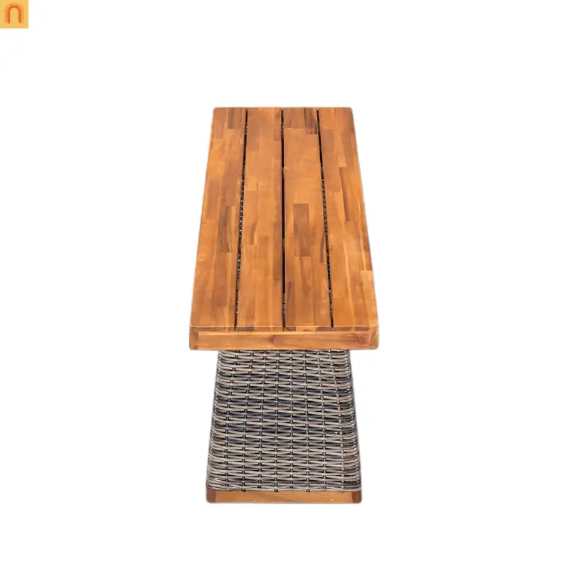 Outdoor Bench Teak Finish Acacia Wood Grey Wicker Set of 2