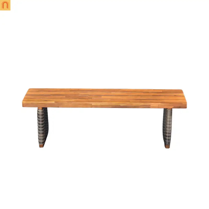 Outdoor Bench Teak Finish Acacia Wood Grey Wicker Set of 2