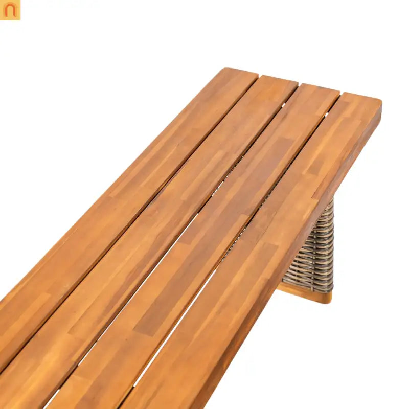Outdoor Bench Teak Finish Acacia Wood Grey Wicker Set of 2