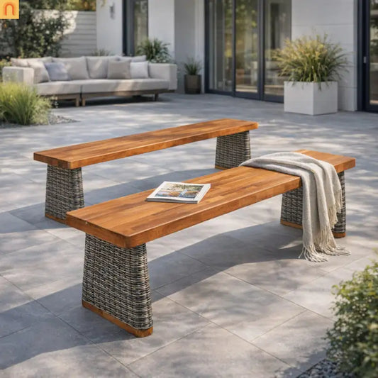 Outdoor Bench Teak Finish Acacia Wood Grey Wicker Set of 2