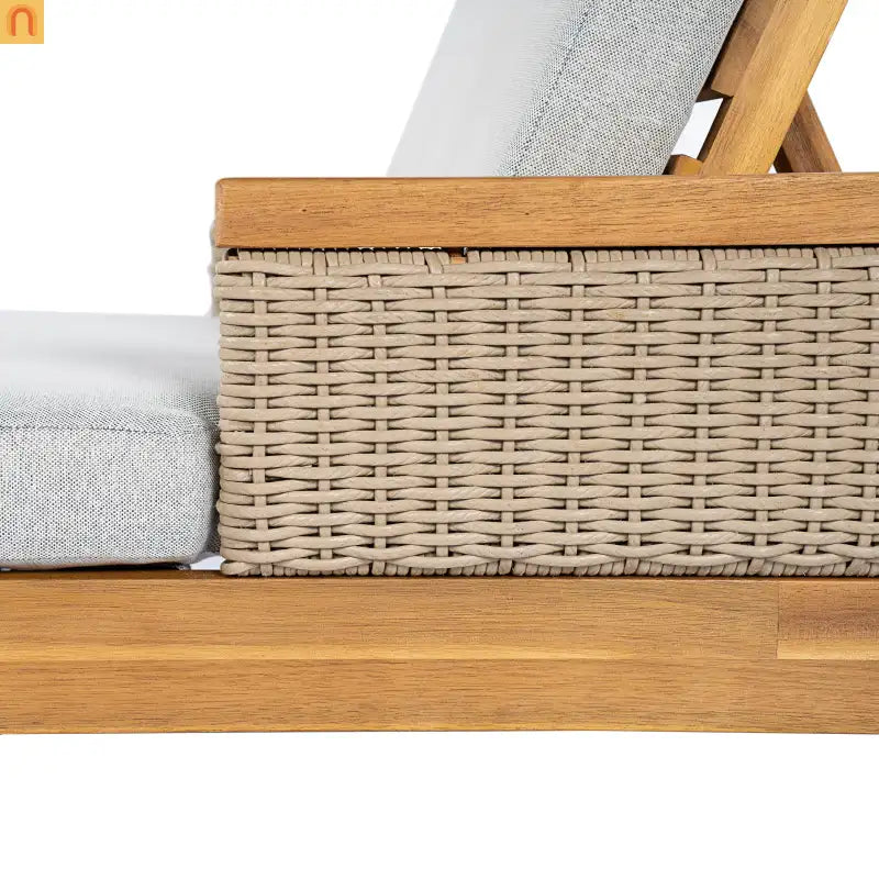Outdoor Chair Modern Lounge Acacia Wood Light Grey Wicker Cushions 76.8in Long