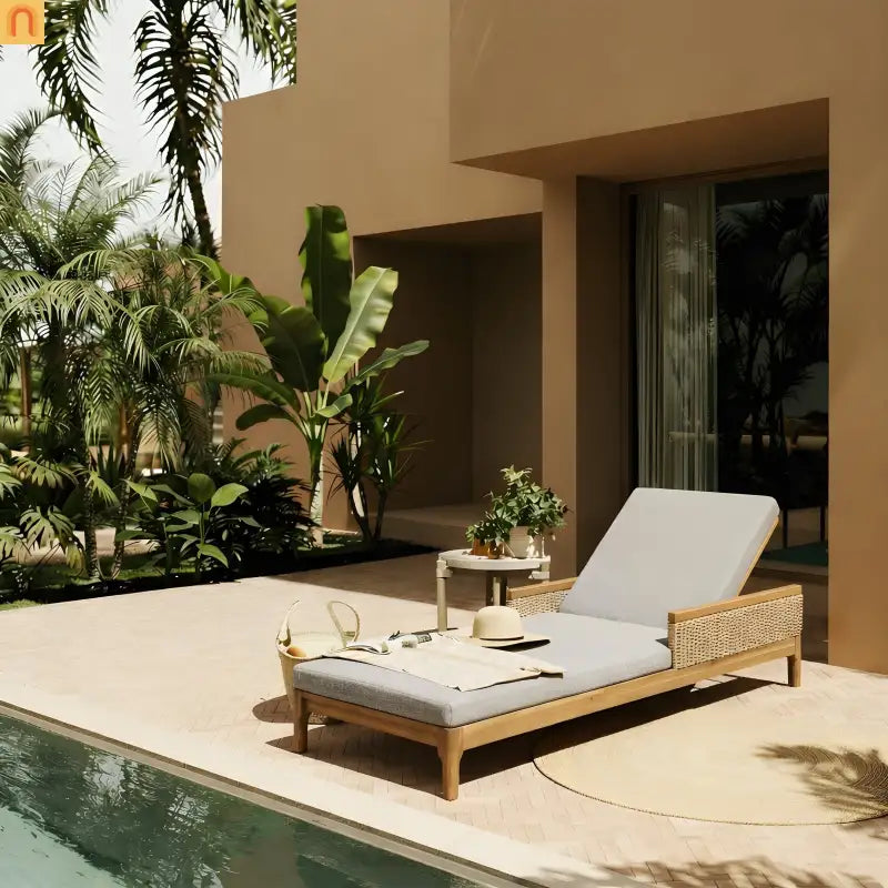 Outdoor Chair Modern Lounge Acacia Wood Light Grey Wicker Cushions 76.8in Long