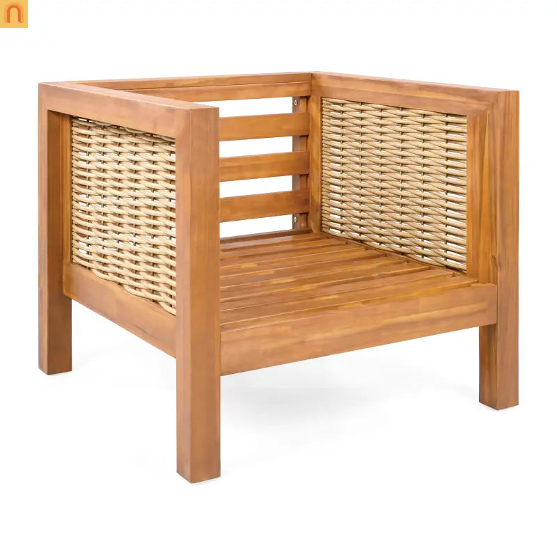 Outdoor Club Chair Set of 2 with Acacia Wood Frame and Wicker Arms, Beige