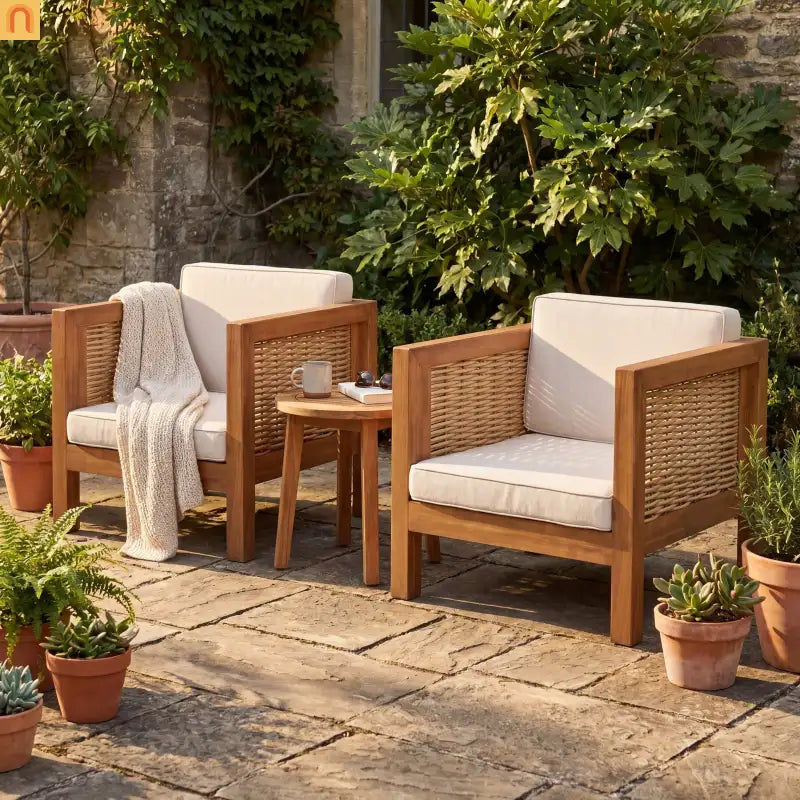 Outdoor Club Chair Set of 2 with Acacia Wood Frame and Wicker Arms, Beige