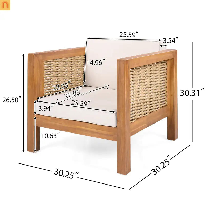 Outdoor Club Chair Set of 2 with Acacia Wood Frame and Wicker Arms, Beige