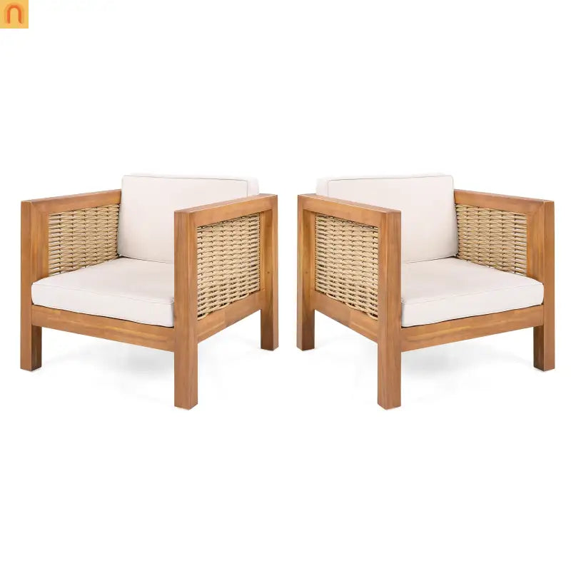 Outdoor Club Chair Set of 2 with Acacia Wood Frame and Wicker Arms, Beige