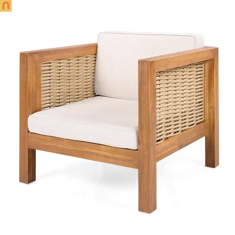 Outdoor Club Chair Set of 2 with Acacia Wood Frame and Wicker Arms, Beige
