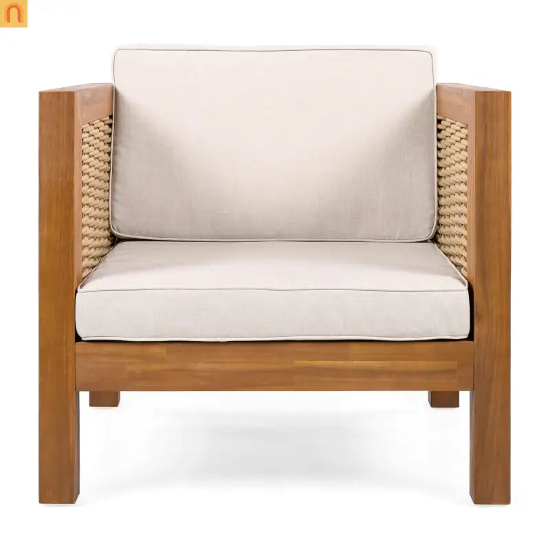 Outdoor Club Chair Set of 2 with Acacia Wood Frame and Wicker Arms, Beige
