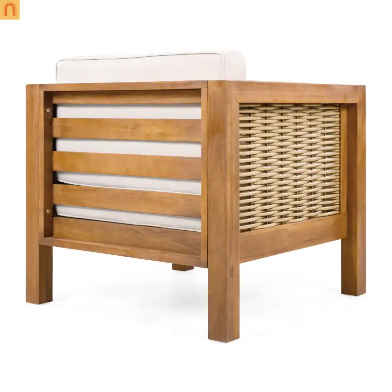 Outdoor Club Chair Set of 2 with Acacia Wood Frame and Wicker Arms, Beige