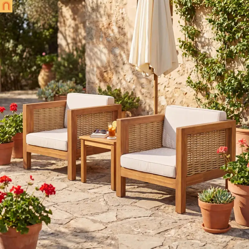 Outdoor Club Chair Set of 2 with Acacia Wood Frame and Wicker Arms, Beige