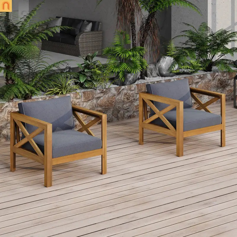 Outdoor Club Chair with Cushions in Acacia Wood Teak Finish Set of 2 Patio