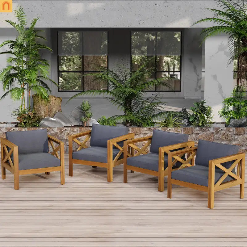 Outdoor Club Chair with Cushions in Acacia Wood Teak Finish Set of 2 Patio
