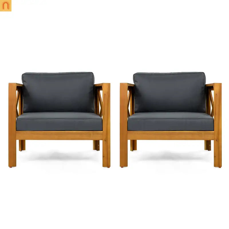 Outdoor Club Chair with Cushions in Acacia Wood Teak Finish Set of 2 Patio