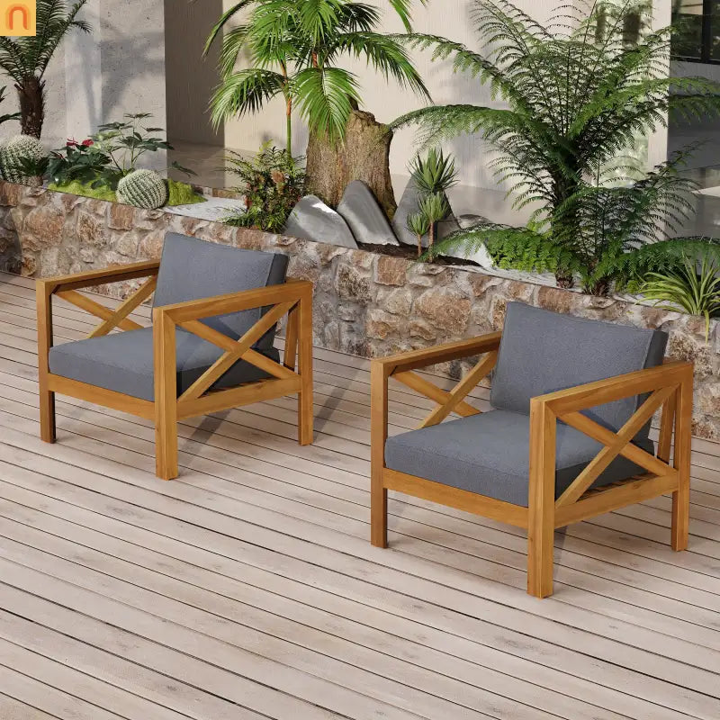 Outdoor Club Chair with Cushions in Acacia Wood Teak Finish Set of 2 Patio