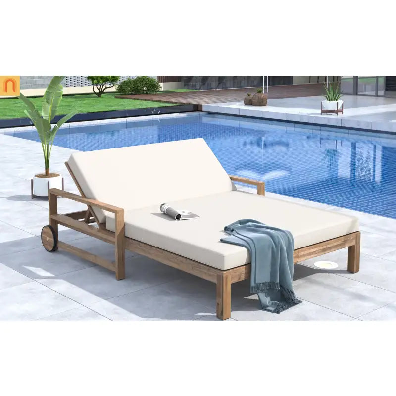 Outdoor Daybed Farmhouse Style Wooden Beige Poolside and Garden 2 Person Seating