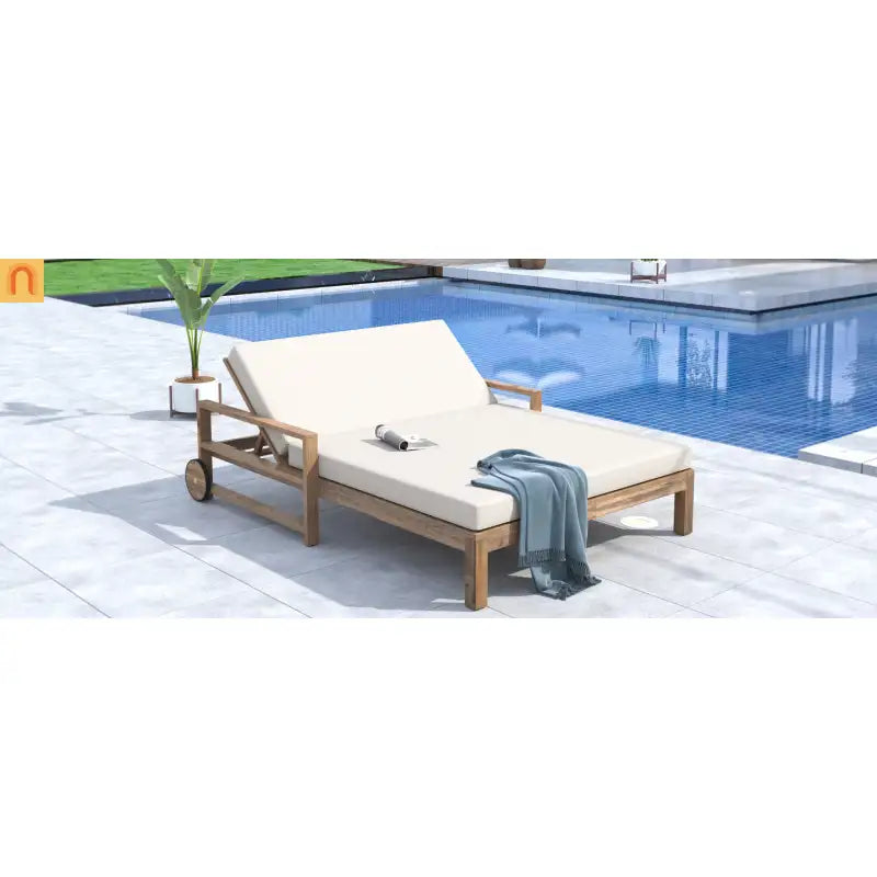 Outdoor Daybed Farmhouse Style Wooden Beige Poolside and Garden 2 Person Seating