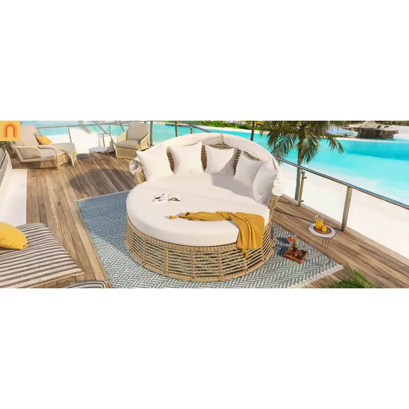 Outdoor Daybed Round Beige Wicker Retractable Canopy Removable Cushions