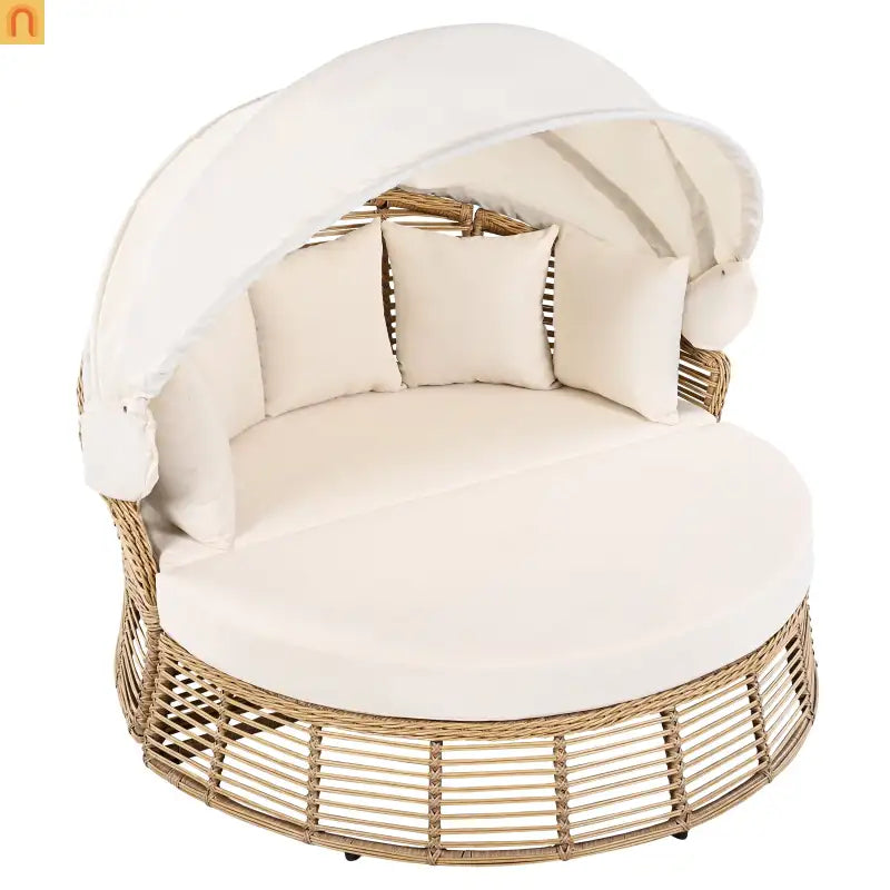 Outdoor Daybed Round Beige Wicker Retractable Canopy Removable Cushions