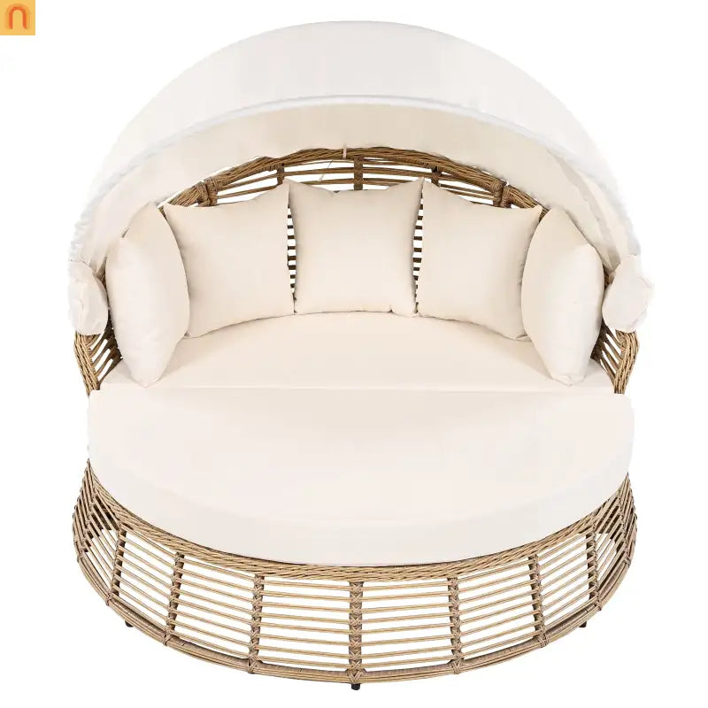 Outdoor Daybed Round Beige Wicker Retractable Canopy Removable Cushions