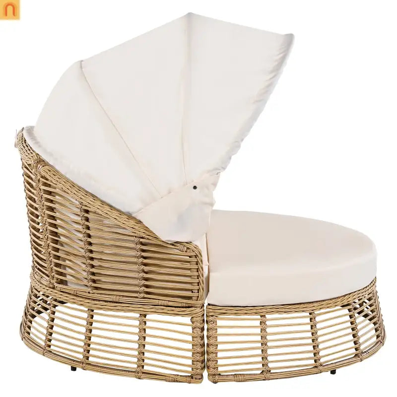 Outdoor Daybed Round Beige Wicker Retractable Canopy Removable Cushions