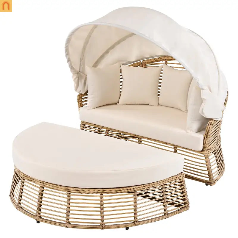 Outdoor Daybed Round Beige Wicker Retractable Canopy Removable Cushions