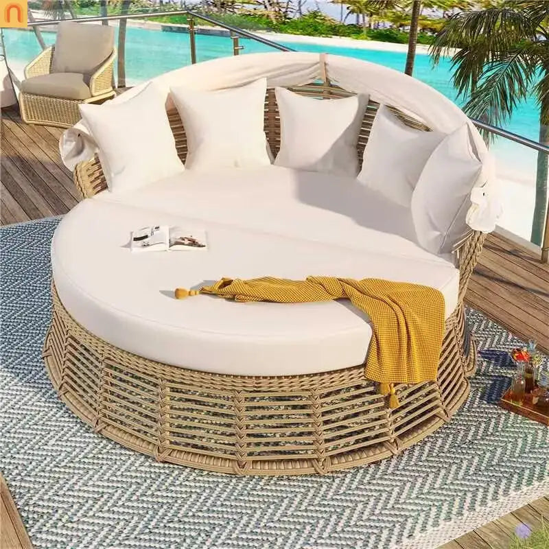 Outdoor Daybed Round Beige Wicker Retractable Canopy Removable Cushions