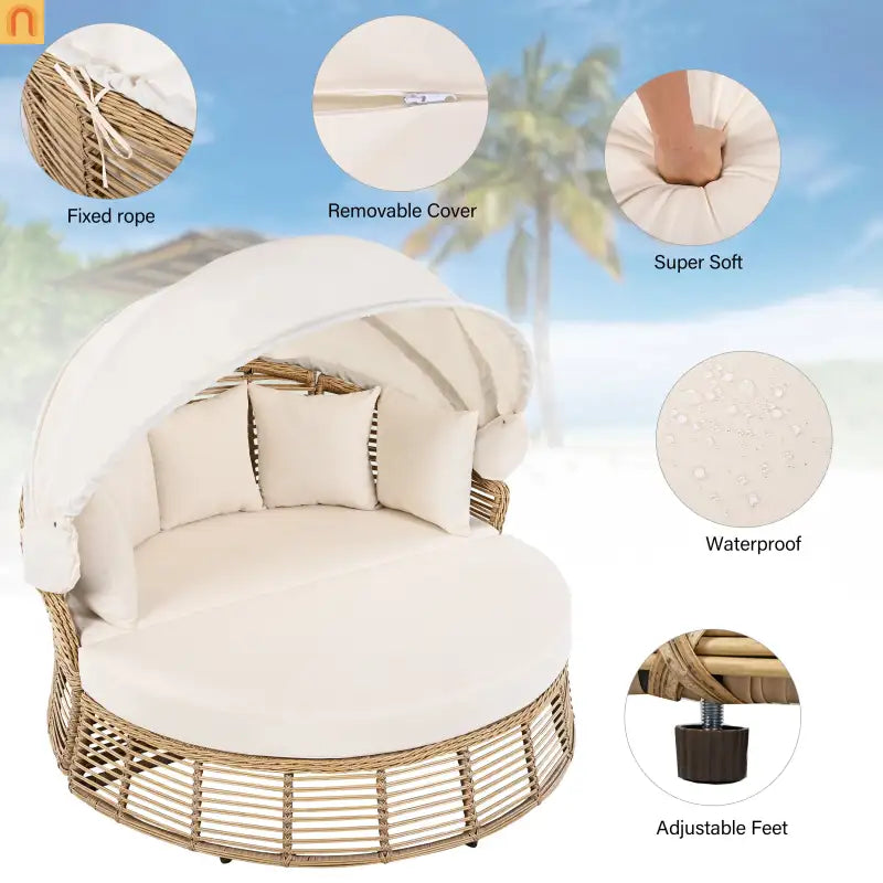 Outdoor Daybed Round Beige Wicker Retractable Canopy Removable Cushions
