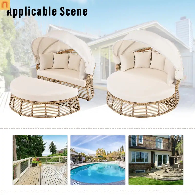 Outdoor Daybed Round Beige Wicker Retractable Canopy Removable Cushions