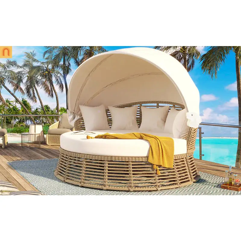 Outdoor Daybed Round Beige Wicker Retractable Canopy Removable Cushions