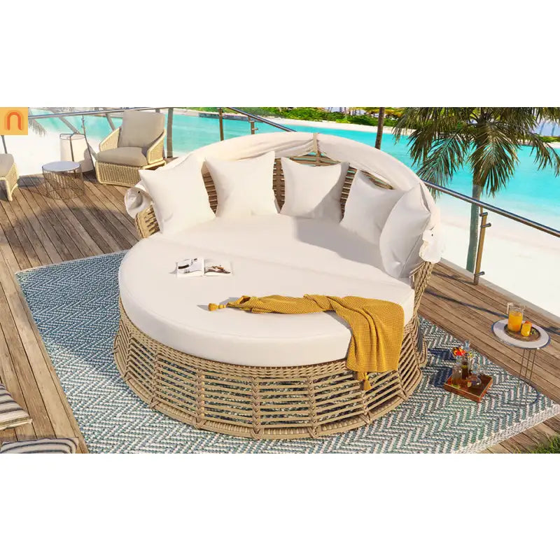 Outdoor Daybed Round Beige Wicker Retractable Canopy Removable Cushions