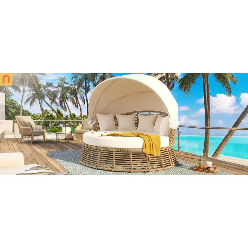 Outdoor Daybed Round Beige Wicker Retractable Canopy Removable Cushions