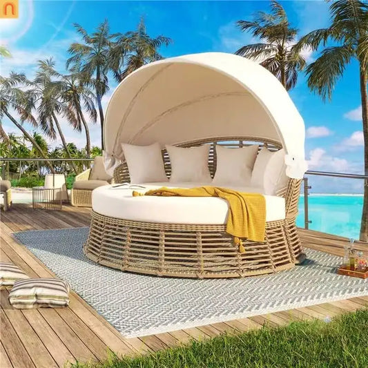 Outdoor Daybed Round Beige Wicker Retractable Canopy Removable Cushions