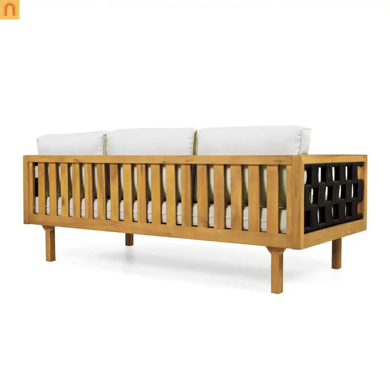 Outdoor Daybed Set 3-seater Acacia Teak Cushions Light Grey Round Side Table