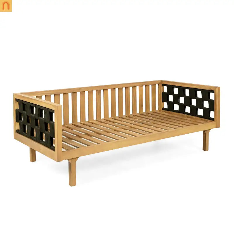 Outdoor Daybed Set 3-seater Acacia Teak Cushions Light Grey Round Side Table