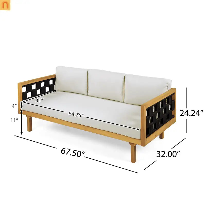 Outdoor Daybed Set 3-seater Acacia Teak Cushions Light Grey Round Side Table